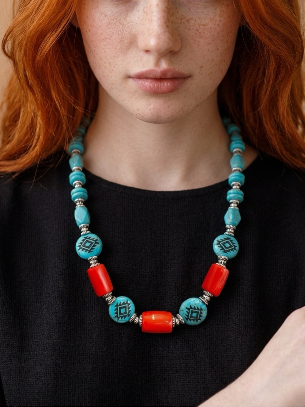 Handmade Turquoise & Coral Beaded Statement Necklace - Women Jewelry